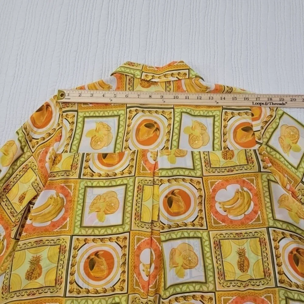 Rose + Olive Top Women's 1X Tropical Fruit Motif Yellow 3/4 Sleeve NWT Old Money